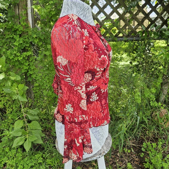 90s Red Floral Paisley Lace Bell Sleeved Fairycore Whimisgoth Style Top Small - Picture 8 of 10